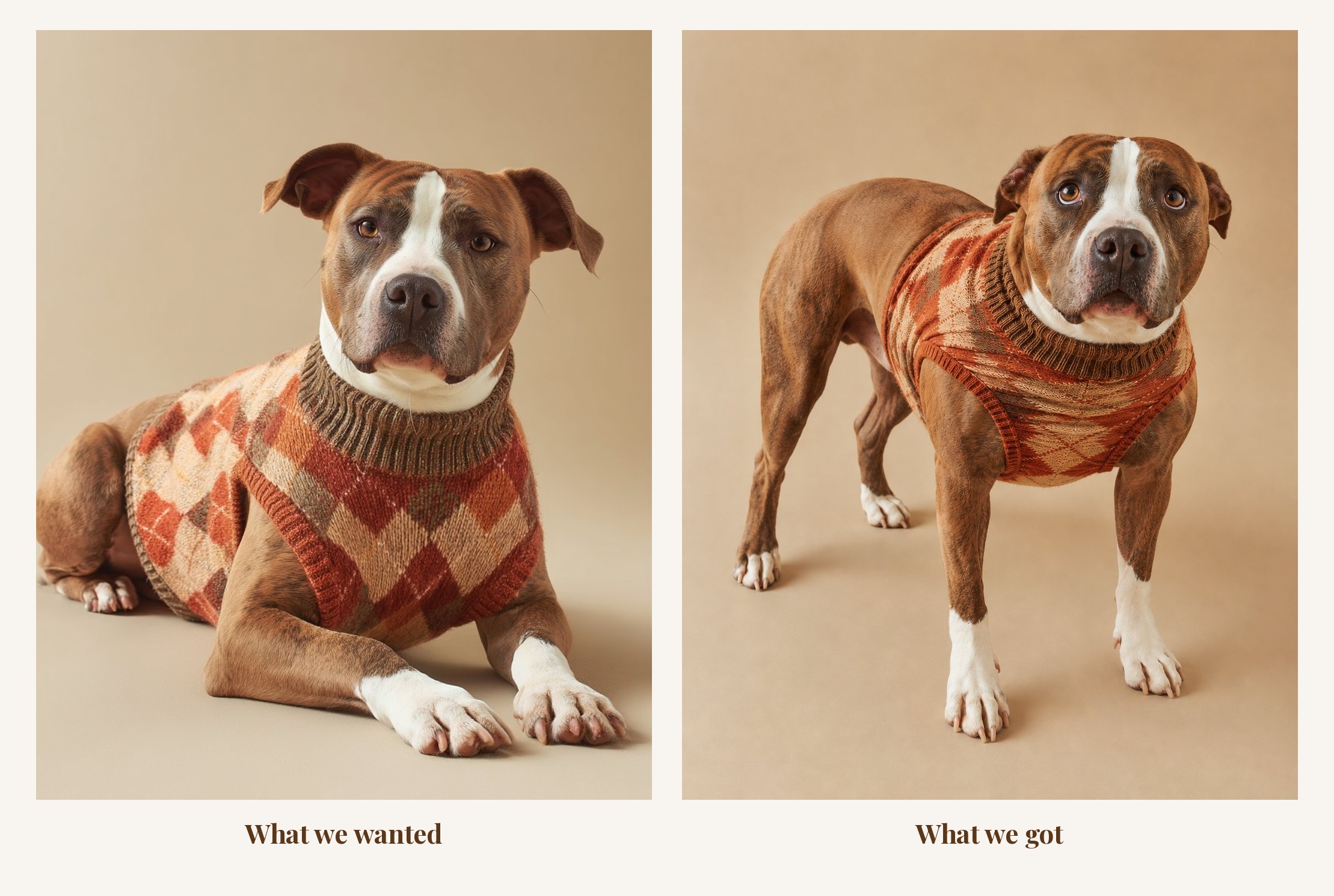 Ghost in a well-fitting argyle jumper beside Ghost in a poorly fitting one